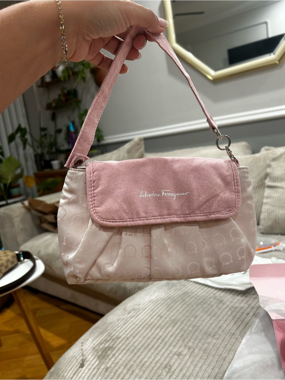 Salvatore Ferragamo Light Pink Suede Flap Shoulder Bag